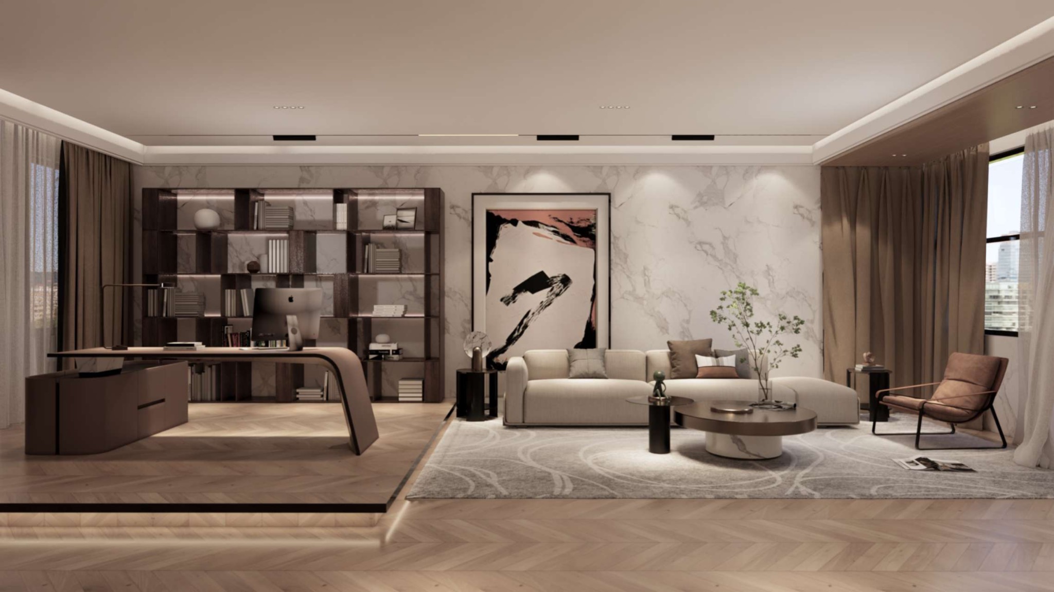 salon z biurem i biblioteczką