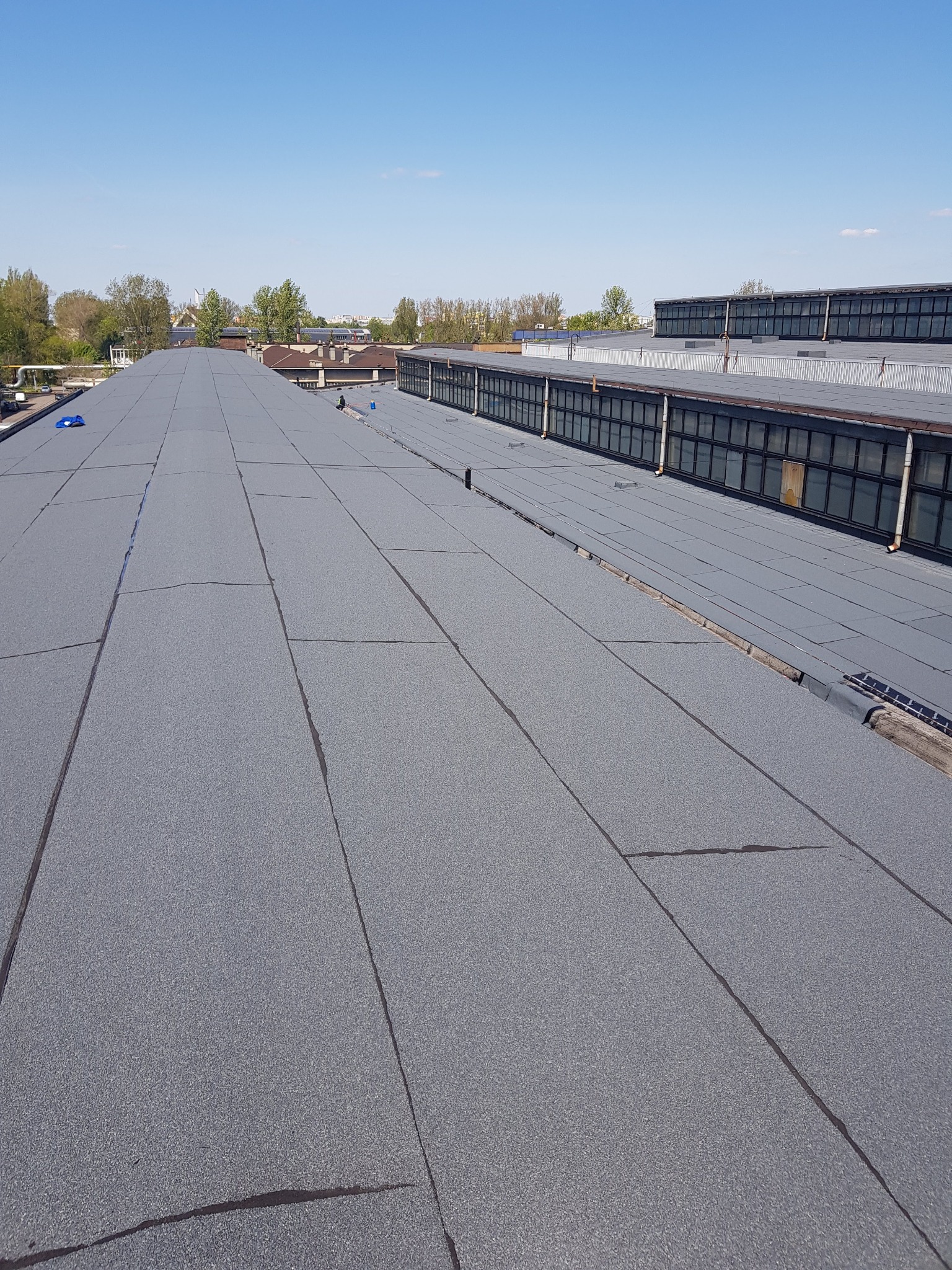 Rozległy, płaski dach pokryty szarą papą termozgrzewalną, widoczne łączenia płyt i fragmenty instalacji, w tle budynki przemysłowe i drzewa pod błękitnym niebem.