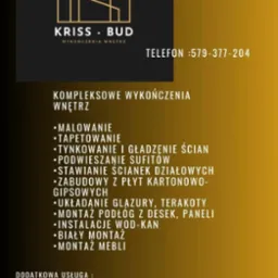 Grafika reklamowa firmy Kriss-Bud Wykończenia Wnętrz z ofertą kompleksowych usług remontowych, w tym malowanie, gładzie, zabudowy z płyt kartonowo-gipsowych, układanie glazury i montaż podłóg.
