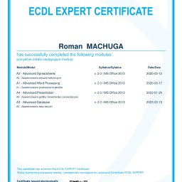 Certyfikat ECDL Expert - dokument potwierdzający status Eksperta w programach Word, Excel, PowerPoint i Access