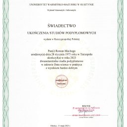 Świadectwo ukończenia studiów podyplomowych 