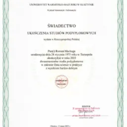 Świadectwo ukończenia studiów podyplomowych 'Data Science w praktyce'