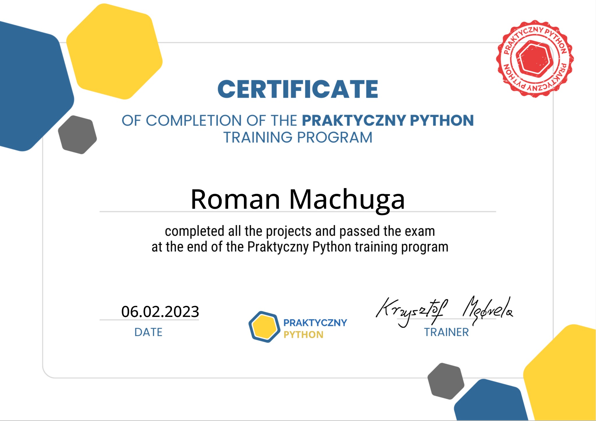 Certyfikat z Praktycznego Pythona