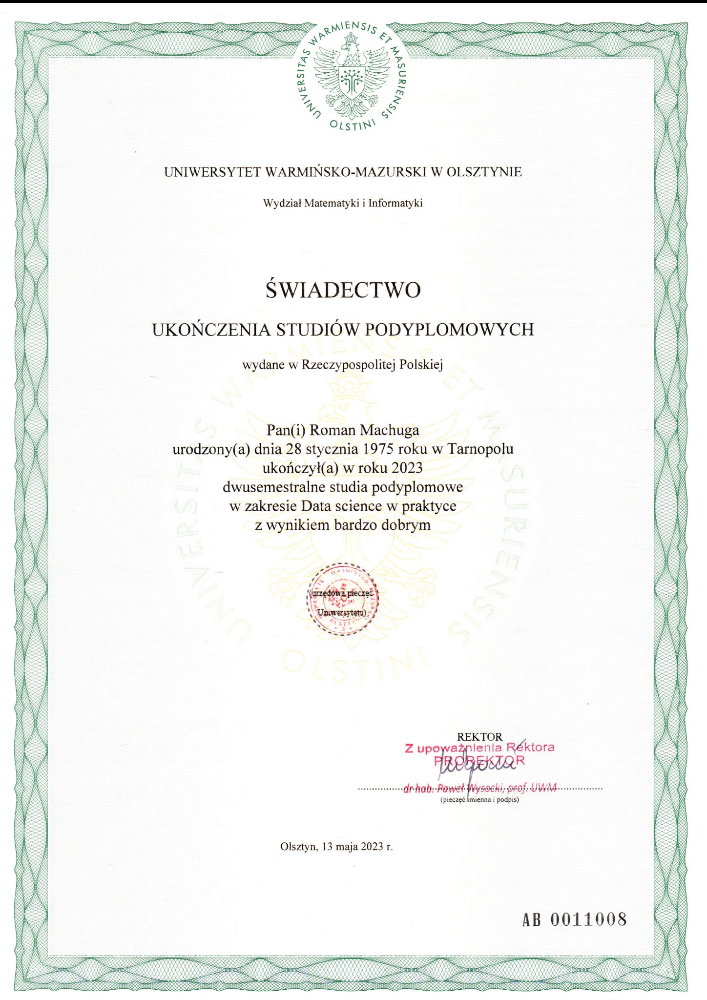 Świadectwo ukończenia studiów podyplomowych 'Data Science w praktyce'