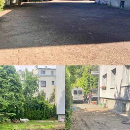 Anatolii Kononchuk Twój Ogrodnik - Porównanie terenu przed i po niwelacji pod trawnik z rolki. Górna część zdjęcia przedstawia wyrównany teren, dolna - stan przed pracami.