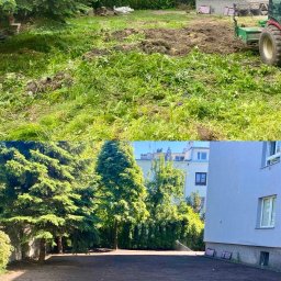 Anatolii Kononchuk Twój Ogrodnik - Zdjęcie 'przed i po' ukazujące przygotowanie terenu pod trawnik: zarośnięty teren z kępami trawy i maszyną, a poniżej wyrównana, ciemna ziemia gotowa do siewu.