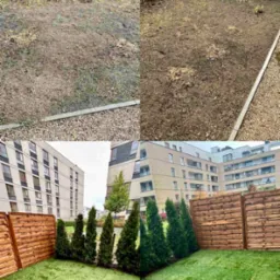 Zdjęcie 'przed i po' ukazuje transformację zaniedbanego podwórka w zielony trawnik z nowym ogrodzeniem i nasadzeniami. Widoczne budynki mieszkalne w tle.