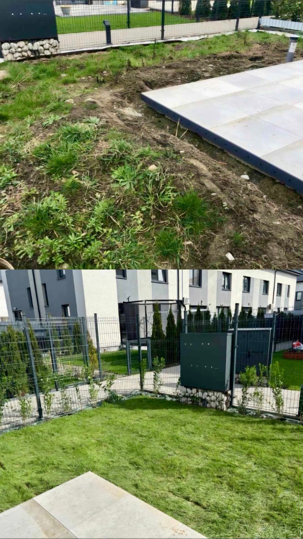 Porównanie ogrodu przed i po: zaniedbany teren z chwastami kontra świeża, zielona trawa i estetyczne ogrodzenie w nowoczesnym osiedlu.