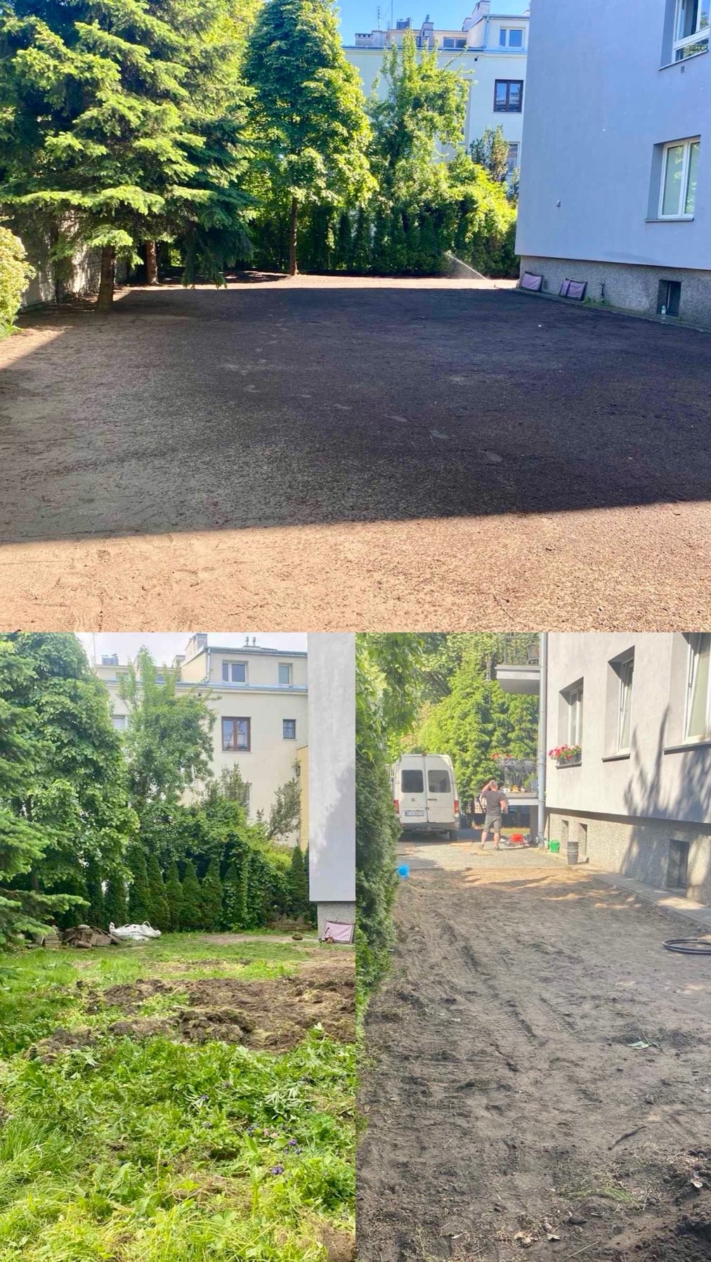 Porównanie terenu przed i po niwelacji pod trawnik z rolki. Górna część zdjęcia przedstawia wyrównany teren, dolna - stan przed pracami.