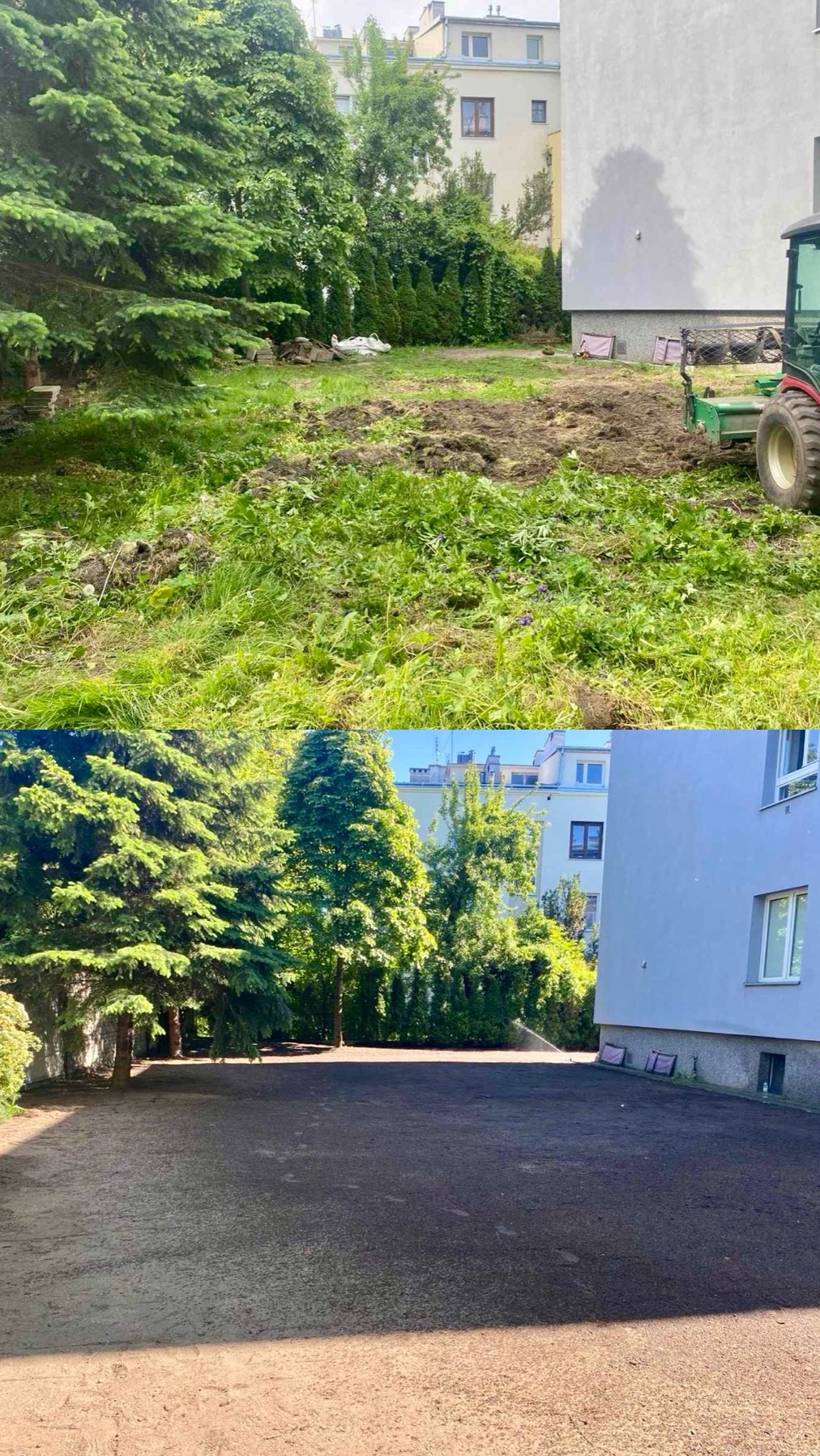 Zdjęcie 'przed i po' ukazujące przygotowanie terenu pod trawnik: zarośnięty teren z kępami trawy i maszyną, a poniżej wyrównana, ciemna ziemia gotowa do siewu.