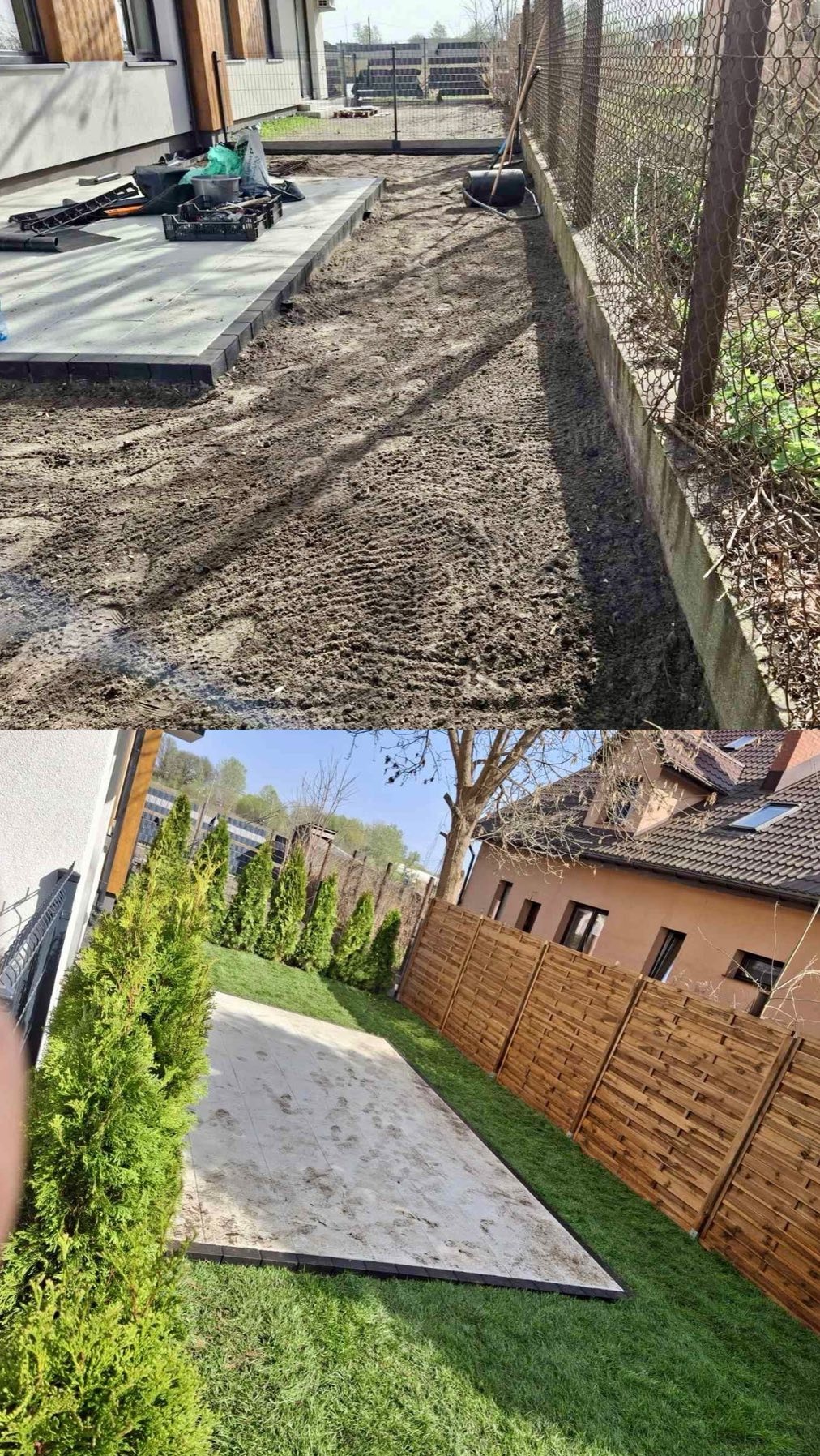 Zdjęcie 'przed i po' ukazuje przygotowanie terenu pod trawnik i efekt finalny z ułożoną kostką i świeżą zielenią. Widoczne narzędzia i elementy aranżacji ogrodu.