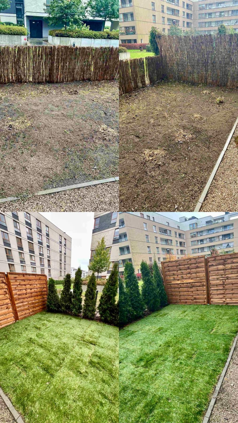 Zdjęcie 'przed i po' ukazuje transformację zaniedbanego podwórka w zielony trawnik z nowym ogrodzeniem i nasadzeniami. Widoczne budynki mieszkalne w tle.
