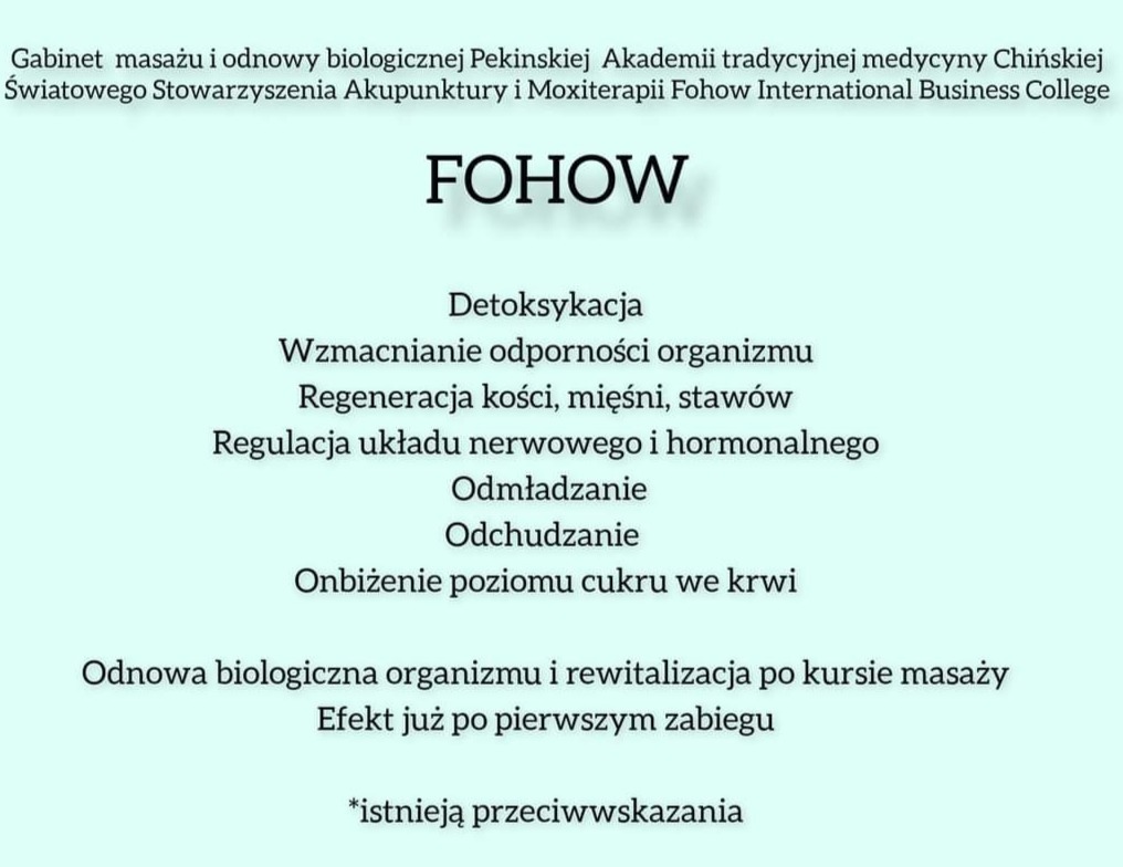 Plakat reklamowy gabinetu odnowy biologicznej Fohow, oferującego detoksykację, wzmacnianie odporności, regenerację, regulację układu nerwowego, odmładzanie, odchudzanie i obniżenie poziomu cukru we...