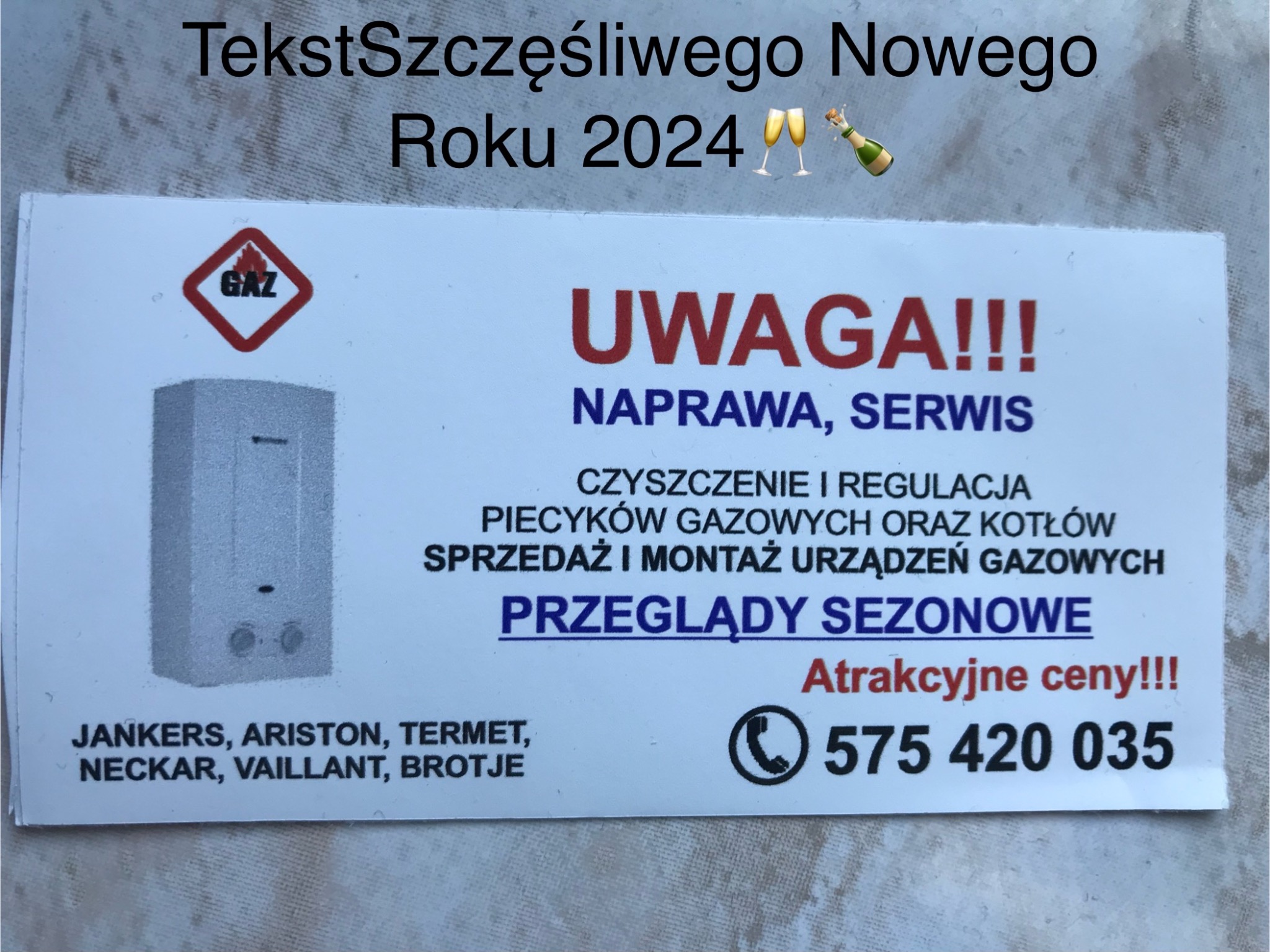 Wizytówka firmy oferującej naprawę, serwis, czyszczenie i regulację piecyków gazowych i kotłów, sprzedaż i montaż urządzeń gazowych, przeglądy sezonowe, z logo GAZ, numerem telefonu i informacją...