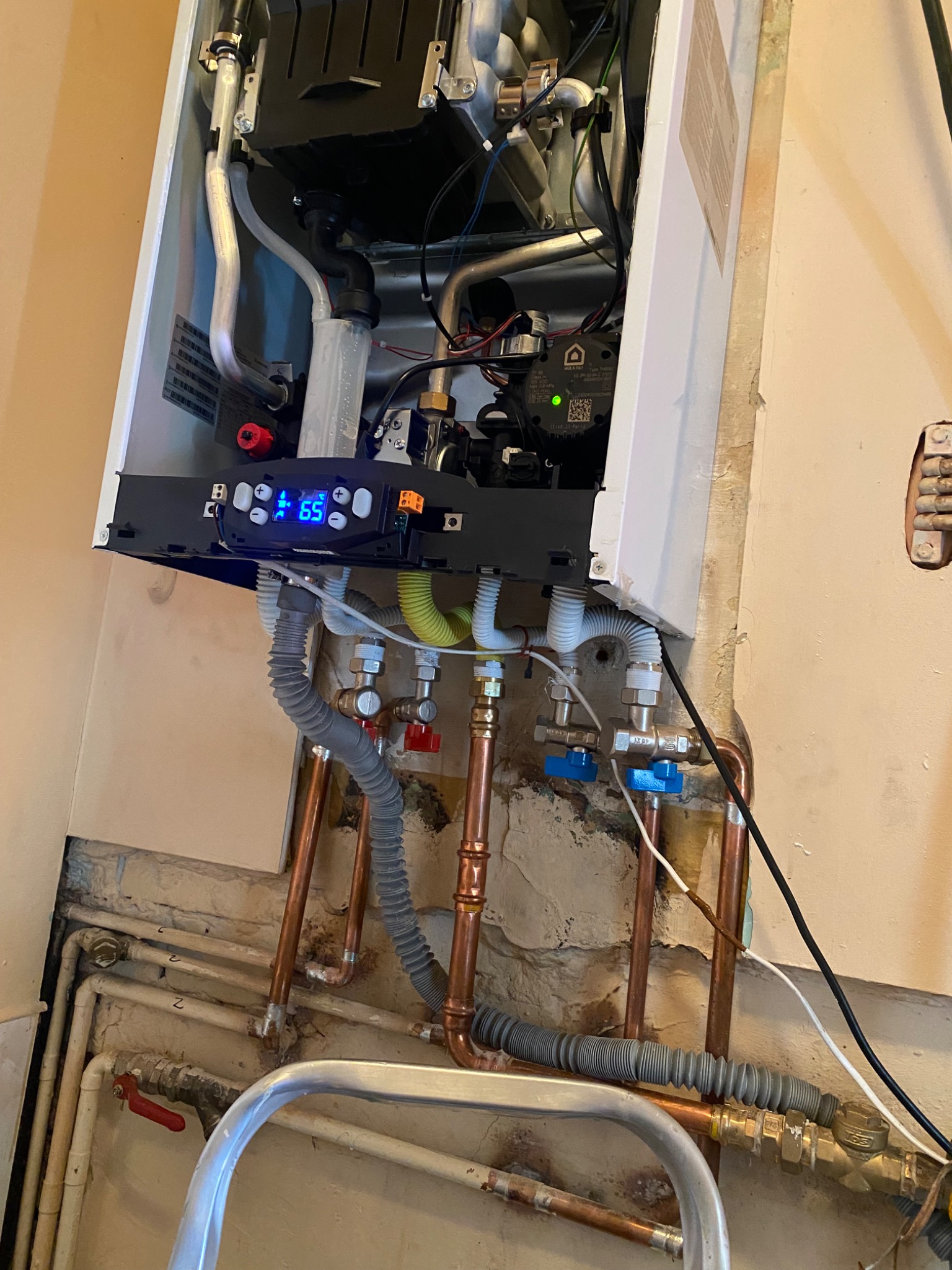 Nowy piec gazowy z wyświetlaczem ustawionym na 65 stopni Celsjusza, podłączony do instalacji z miedzianych rur i zaworów z czerwonymi i niebieskimi pokrętłami, widoczne również szare elastyczne rury.