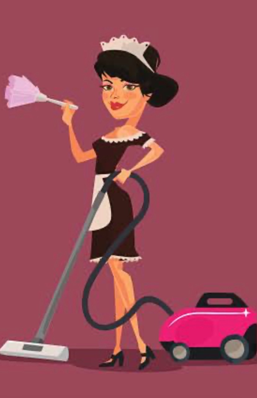Karykaturalna ilustracja kobiety w stroju pokojówki z odkurzaczem i miotełką do kurzu na tle bordowego koloru.
