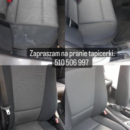 Lokalne pranie - Czteropanelowe ujęcie wnętrza samochodu, prezentujące tylną kanapę i przedni fotel kierowcy przed i po czyszczeniu, z wyraźną różnicą w czystości tapicerki.