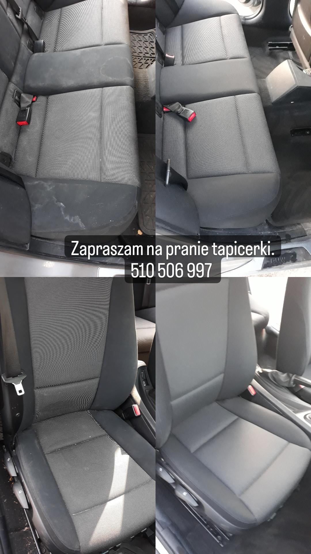 Czteropanelowe ujęcie wnętrza samochodu, prezentujące tylną kanapę i przedni fotel kierowcy przed i po czyszczeniu, z wyraźną różnicą w czystości tapicerki.