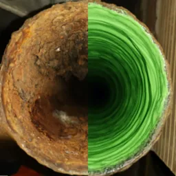 Przekrój rury: skorodowana, zarośnięta rdzą połowa po lewej, a po prawej świeżo wyczyszczona, pokryta zieloną powłoką ochronną.