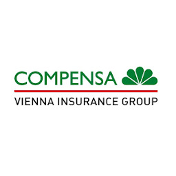 Logo firmy Compensa Vienna Insurance Group z zielonym napisem Compensa, zielonym symbolem liści i czerwonym podkreśleniem z napisem Vienna Insurance Group poniżej, na białym tle.