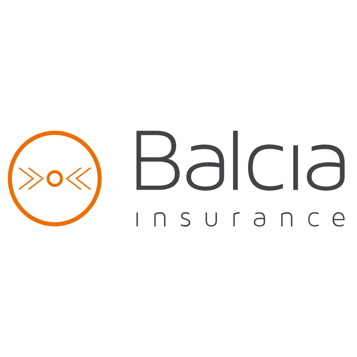 Logo firmy Balcia Insurance z pomarańczowym symbolem w okręgu po lewej i szarym napisem Balcia Insurance po prawej stronie na białym tle.