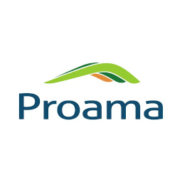 Logo firmy Proama z zielonym, stylizowanym wzgórzem nad nazwą, na białym tle.