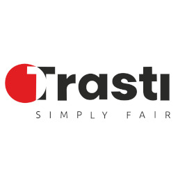 Logo firmy Trasti z czerwonym okręgiem i napisem 'SIMPLY FAIR' poniżej nazwy.