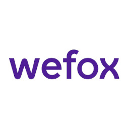 Fioletowe logo 'wefox' na białym tle.