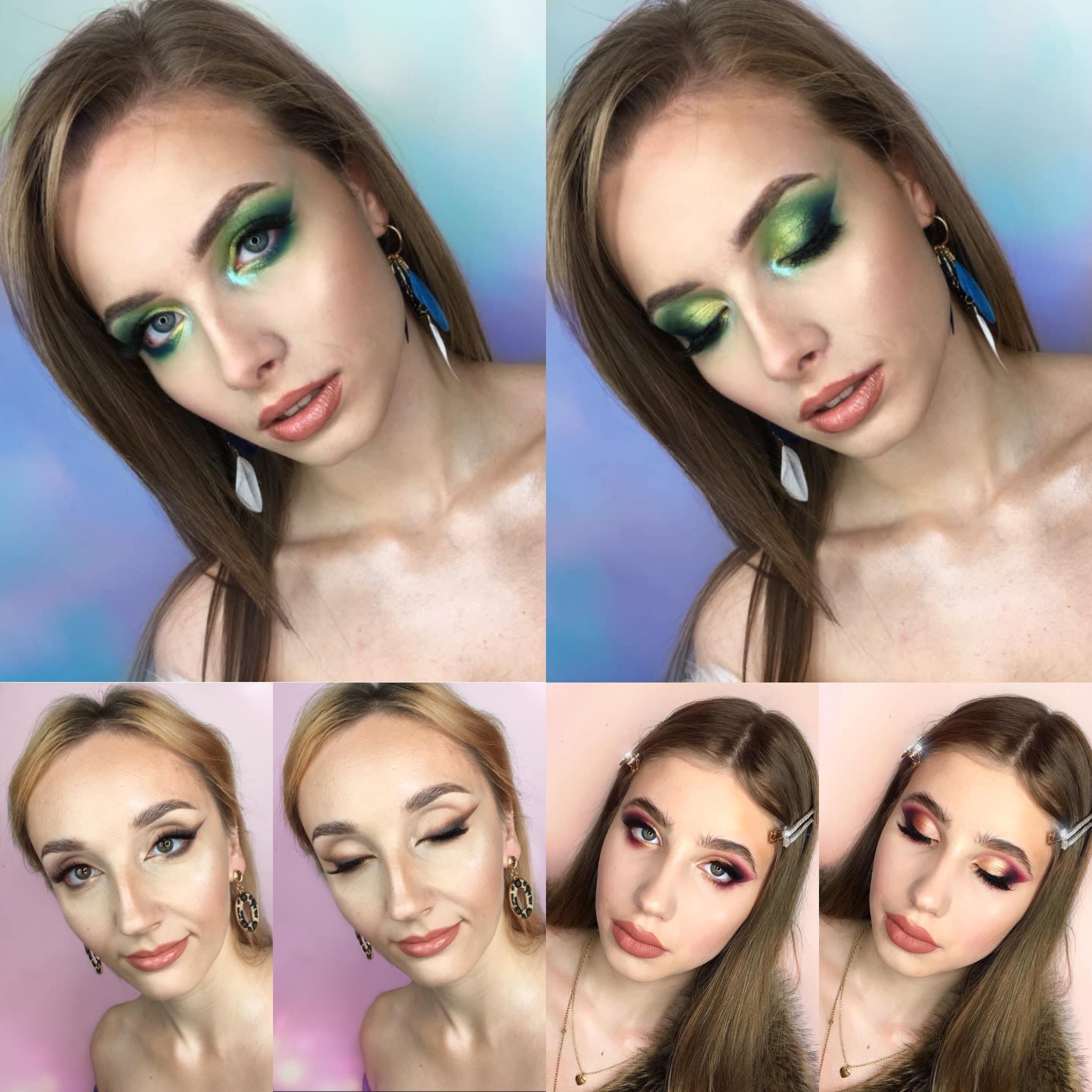 Kolaż przedstawiający różne makijaże na twarzy kobiety, w tym zielony smokey eye z piórowymi kolczykami oraz makijaż z brązowymi cieniami i błyszczącymi spinkami we włosach.
