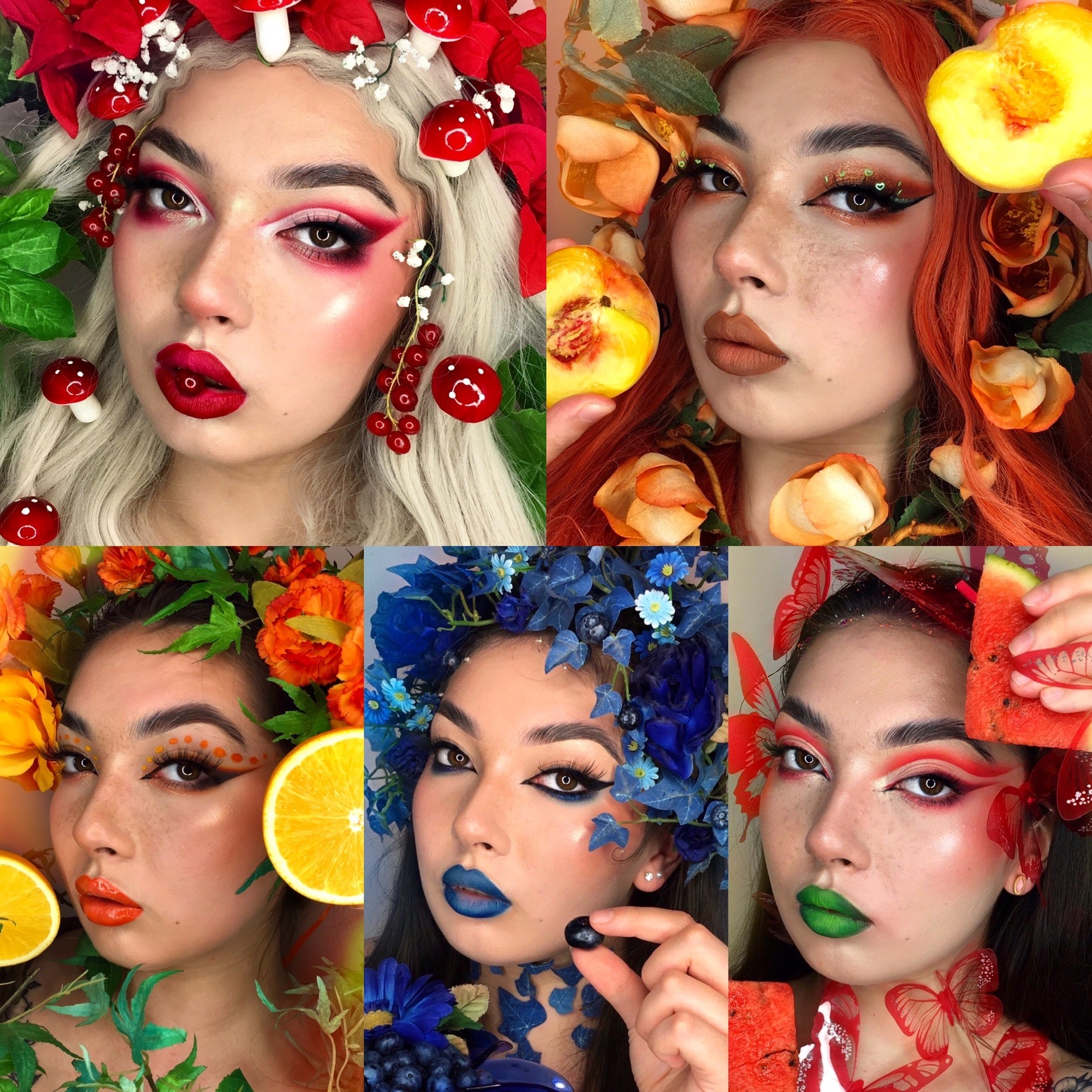 Kolaż portretów kobiety z artystycznym makijażem tematycznym: grzyby i czerwone porzeczki, brzoskwinie i pomarańczowe kwiaty, pomarańcze i zielone liście, niebieskie kwiaty i jagody, arbuzy i motyle.