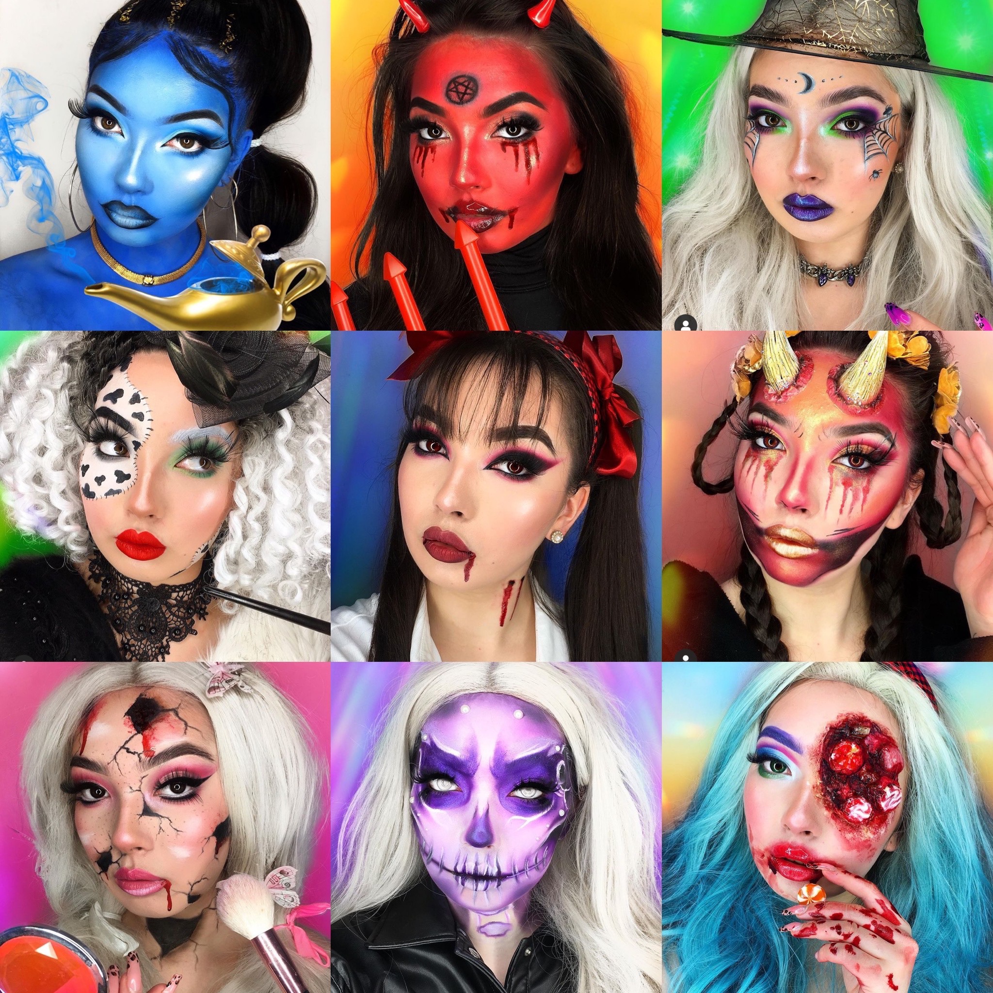 Kolaż dziewięciu zbliżeń twarzy z różnymi, artystycznymi i tematycznymi makijażami, w tym motywy Halloween, postacie z bajek i popkultury, z użyciem intensywnych kolorów, efektów specjalnych...