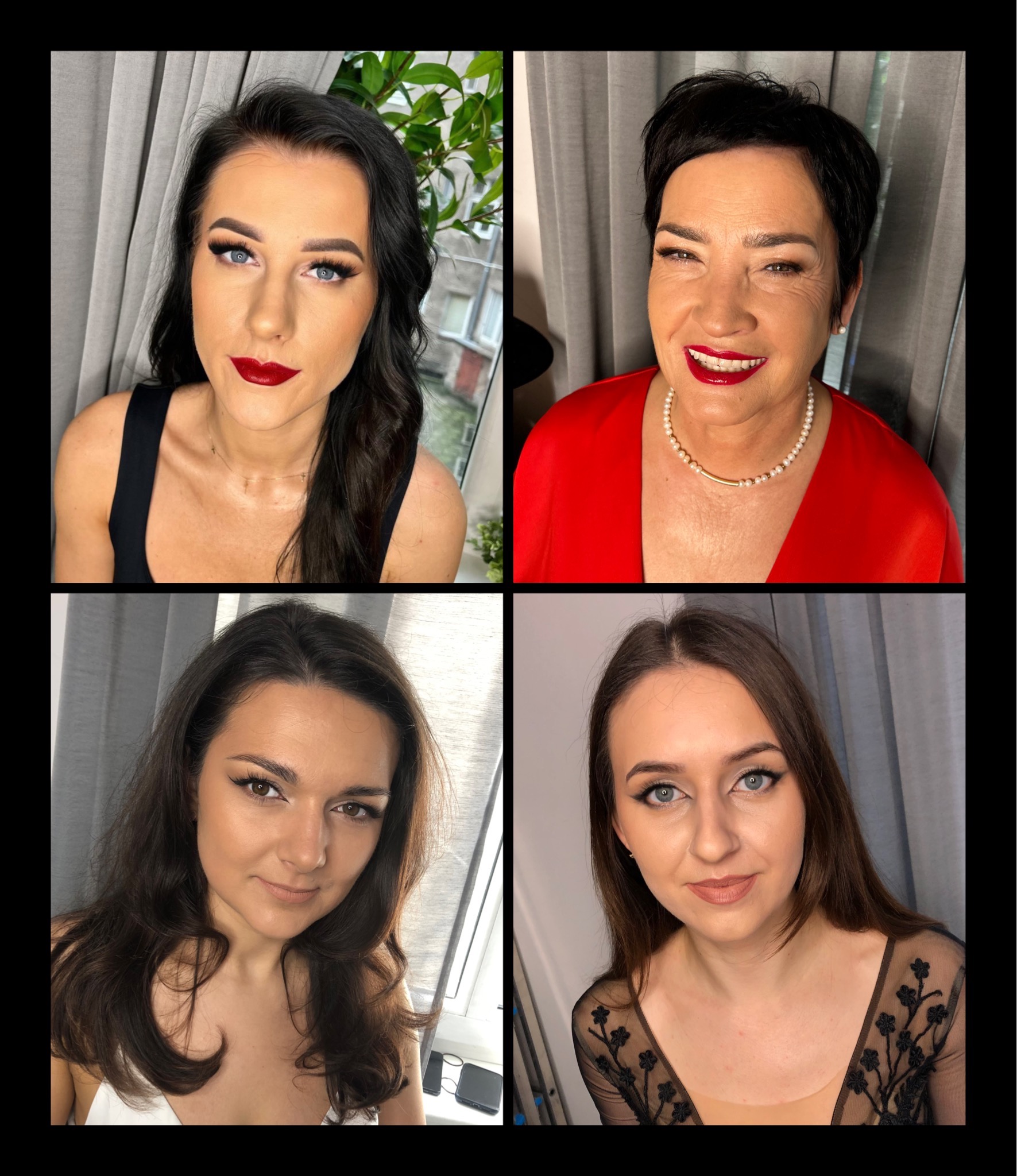 Kolaż portretów czterech kobiet z różnymi stylizacjami makijażu: intensywna czerwień ust, podkreślone oczy eyelinerem, naturalne odcienie, eleganckie kreacje i subtelna biżuteria.
