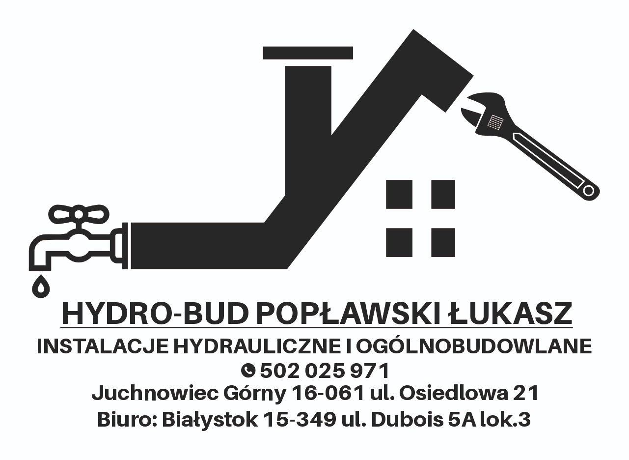 Czarno-białe logo firmy hydraulicznej przedstawiające schematycznie rurę, kran z kroplą wody, dom i klucz nastawny, uzupełnione danymi kontaktowymi.