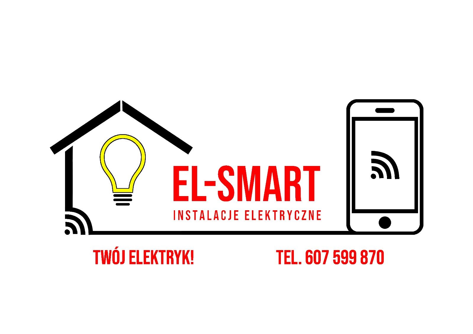 Logo firmy EL-SMART oferującej instalacje elektryczne, z symbolem domu, żarówki i smartfona, oraz hasłem 'Twój Elektryk!' i numerem telefonu.