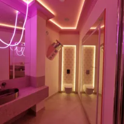 Różowa łazienka z neonami i designerską umywalką. Na ścianie dekoracja w kształcie butelki perfum. W tle toalety z podświetleniem i lustro.