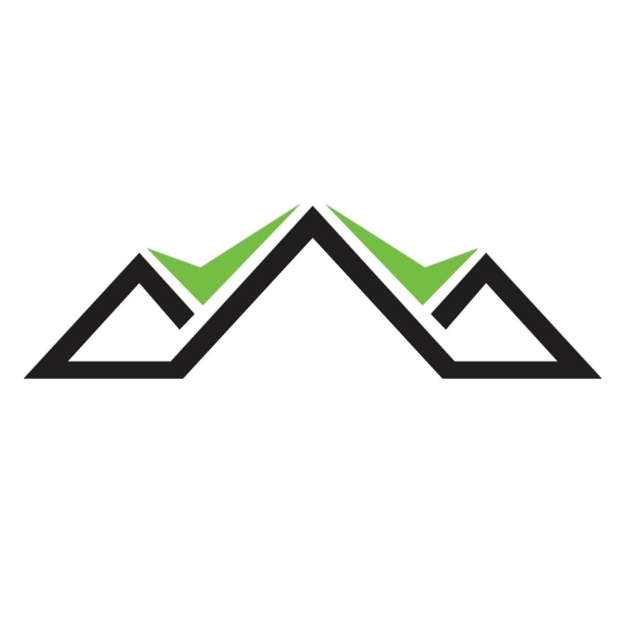 Abstrakcyjne logo z motywem dachu w kolorze czarnym i zielonym, na białym tle.