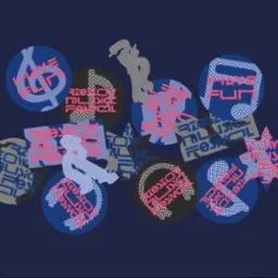 Graficzna kompozycja z okręgami, prostokątami i gwiazdami w odcieniach niebieskiego, szarego i czarnego, zawierająca napisy 'Rzeszów Music Festival' i 'Have Fun' w kolorze różowym,...