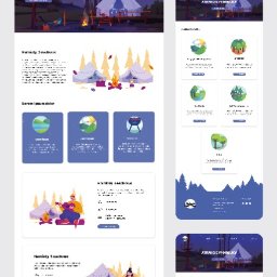 MIXTURE MARKETING SPÓŁKA Z OGRANICZONĄ ODPOWIEDZIALNOŚCIĄ - Projekt strony internetowej z ilustracjami glampingu, w tym namioty tipi i ogniska, na ekranie laptopa, obok zdjęcia namiotów w plenerze.