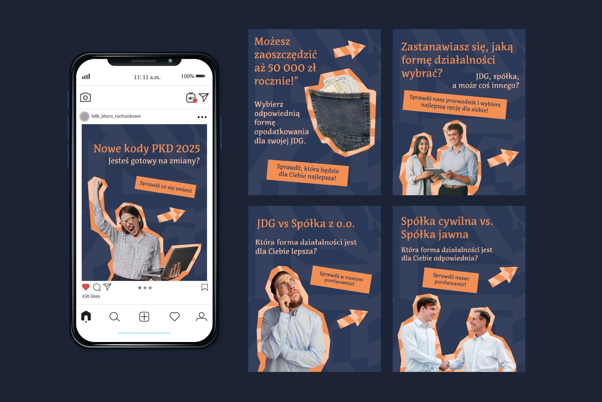 Reklama biura rachunkowego na ekranie smartfona prezentująca wpisy o zmianach w PKD, oszczędnościach, wyborze formy działalności i porównaniach spółek.
