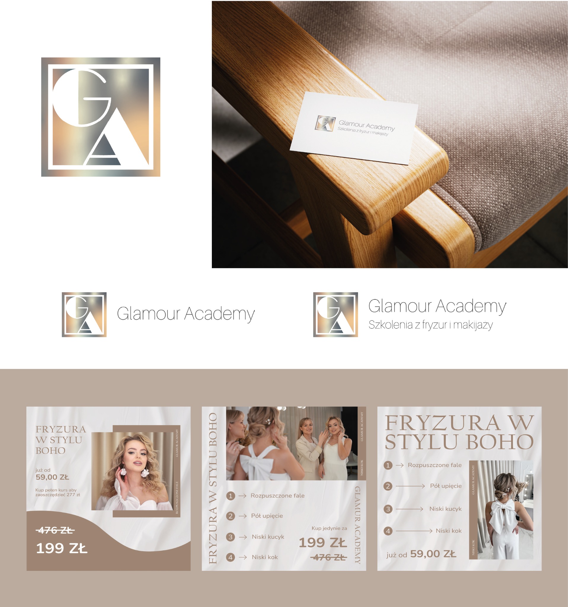 Materiały reklamowe Glamour Academy: logo, wizytówka na drewnianym krześle, grafiki z ofertą kursów fryzjerskich w stylu boho, prezentacja cen.