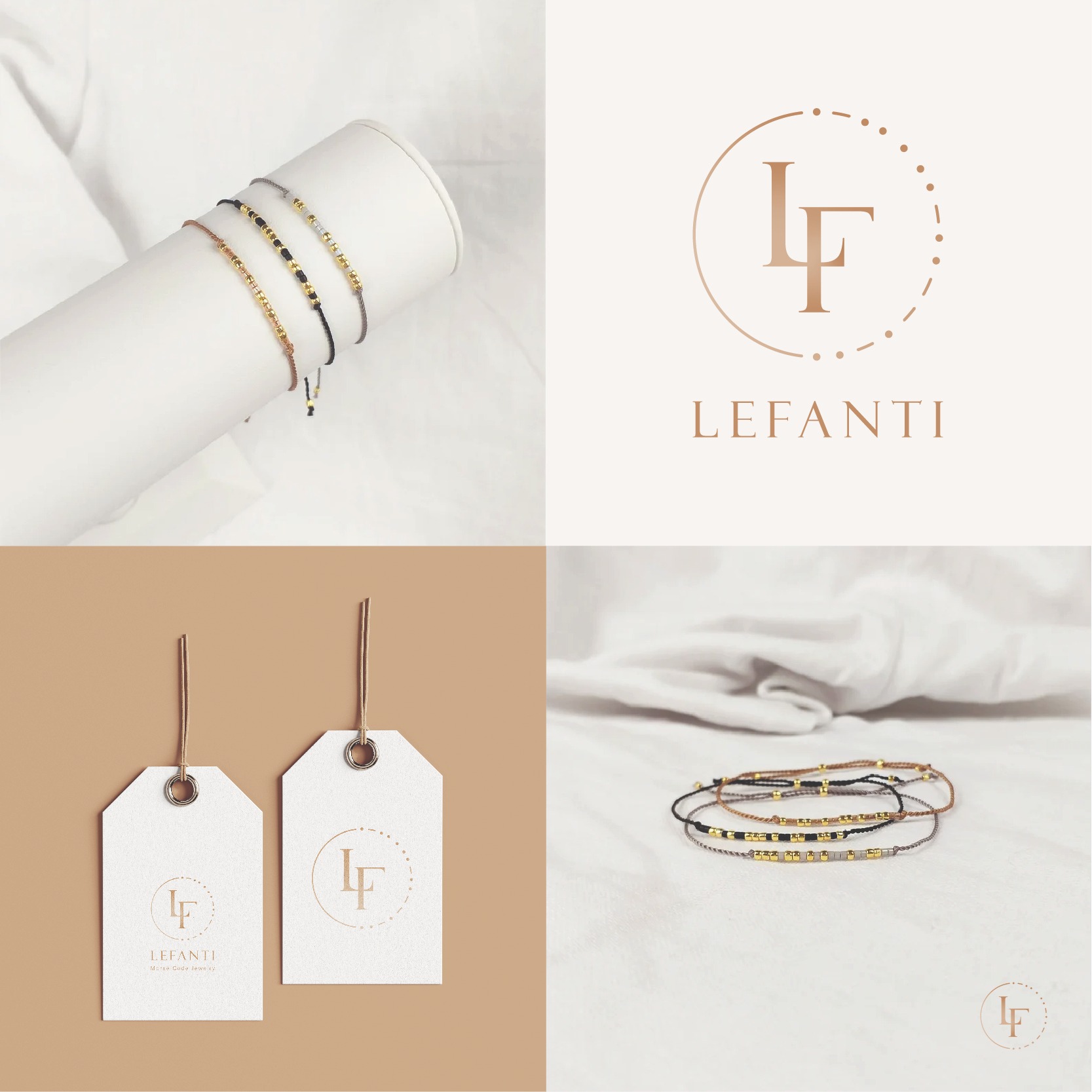 Kompozycja z logo firmy Lefanti, etykietami i bransoletkami z koralikami w stylu kodu Morse'a, ułożonymi na białym tle.