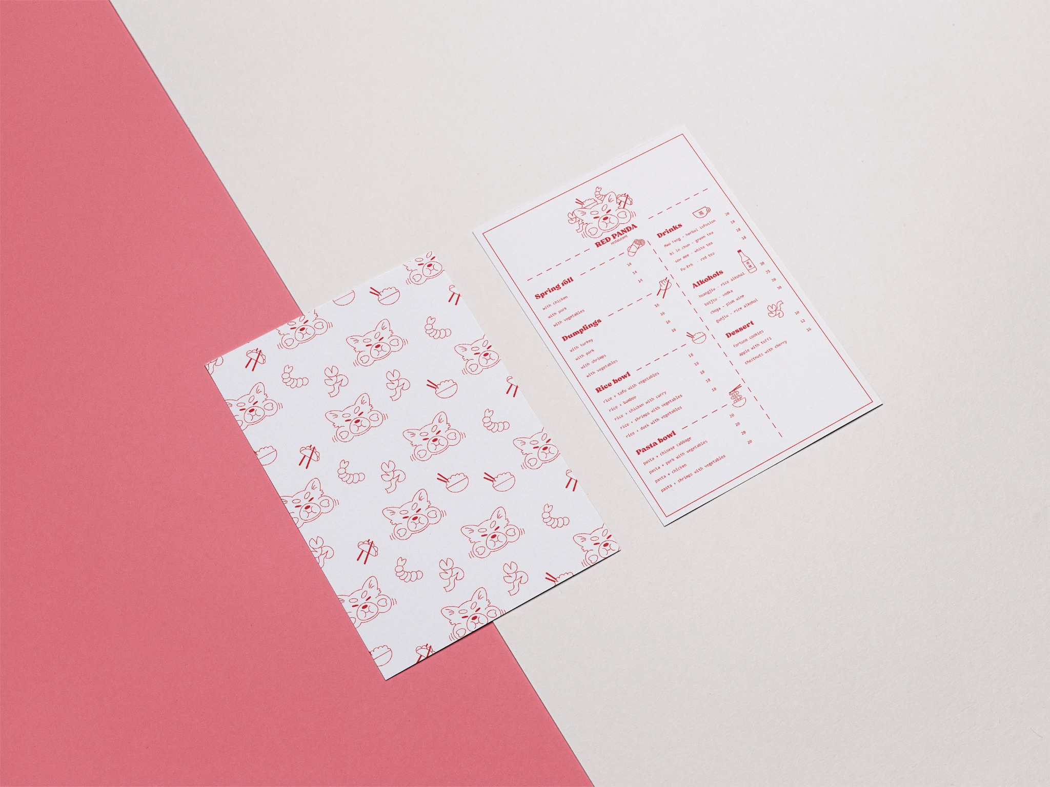 Dwa białe arkusze papieru leżą na białym i różowym tle; jeden arkusz z czerwonym wzorem pandy, drugi z menu restauracji Red Panda.