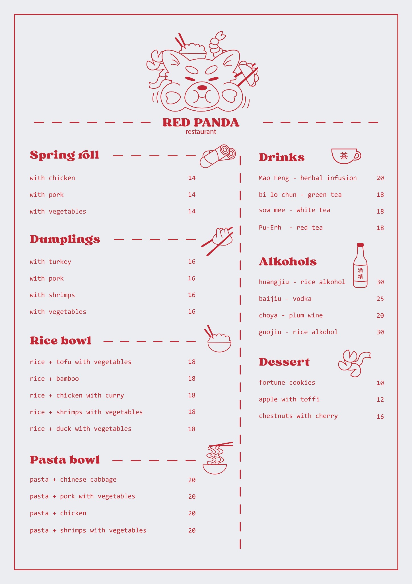 Menu restauracji Red Panda z daniami kuchni azjatyckiej: spring rollsy, pierożki, dania z ryżu i makaronu, napoje i desery, wszystko w minimalistycznej grafice z czerwonymi akcentami.