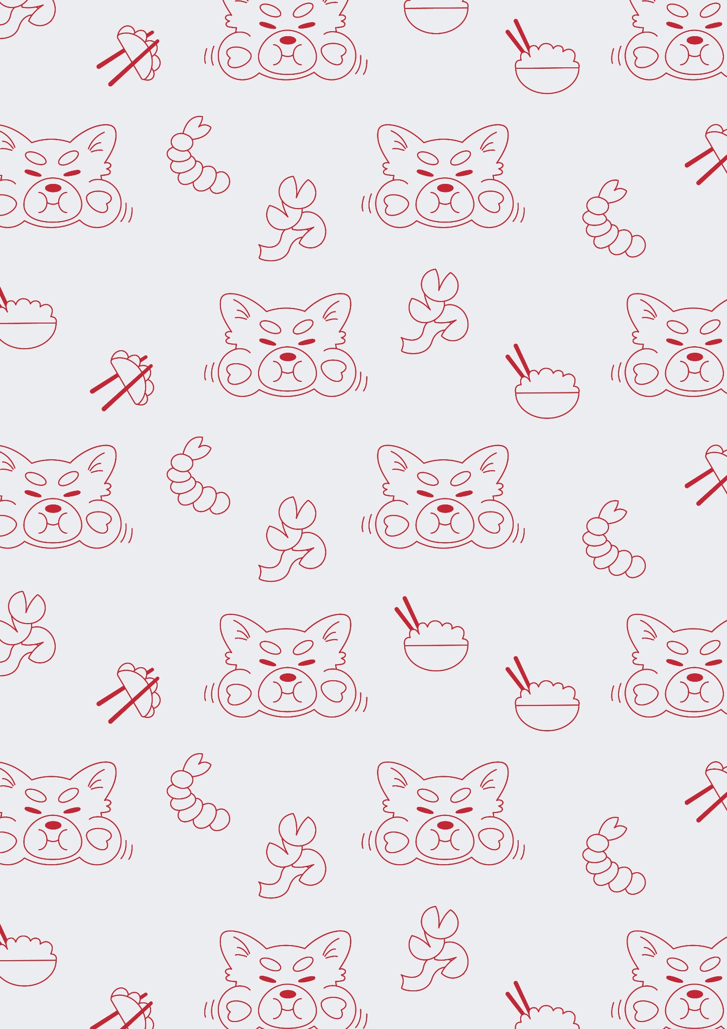 Powtarzalny wzór na jasnym tle z konturami głowy pandy, krewetki, miski ryżu z pałeczkami i węzła w kolorze czerwonym.