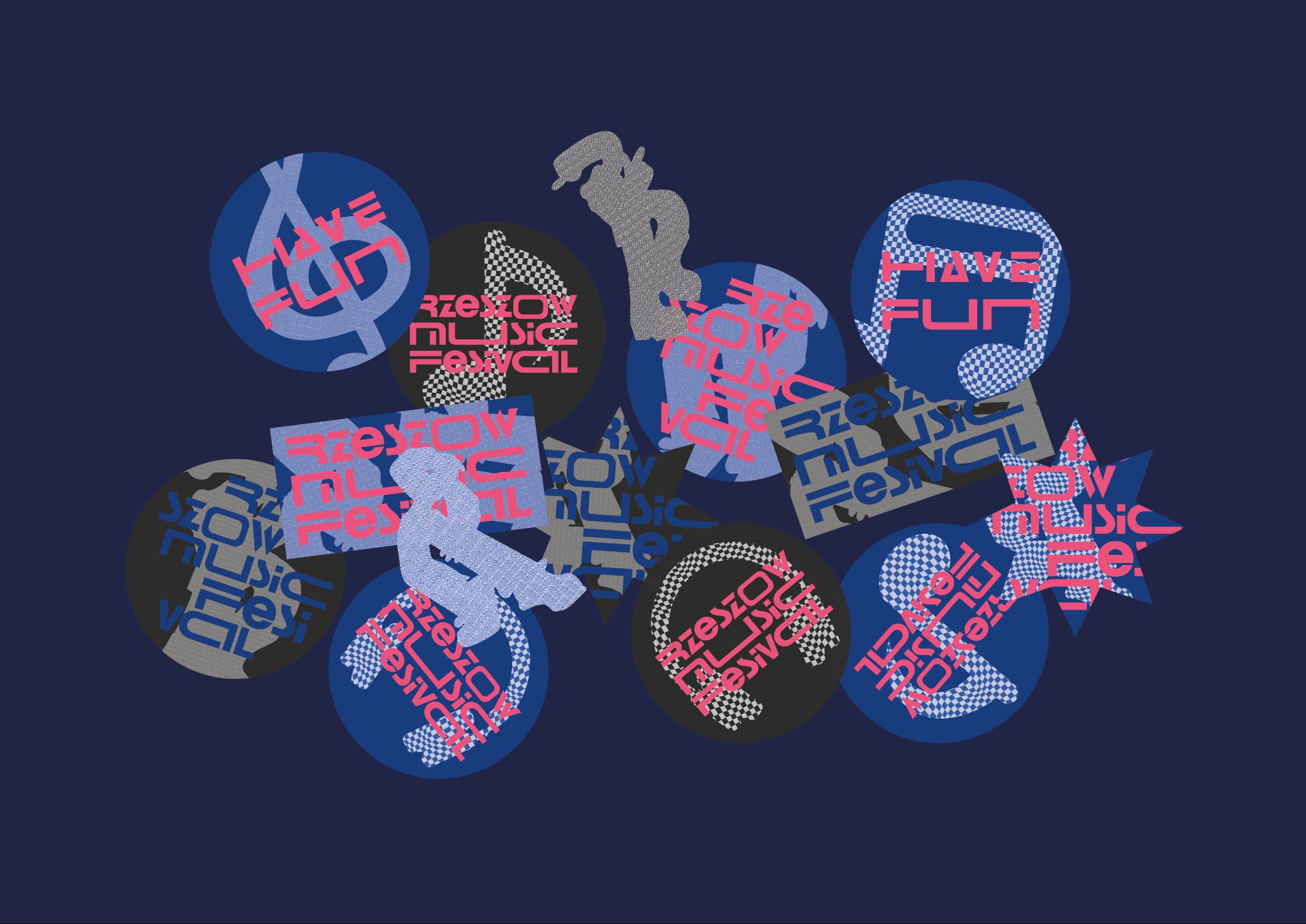 Graficzna kompozycja z okręgami, prostokątami i gwiazdami w odcieniach niebieskiego, szarego i czarnego, zawierająca napisy 'Rzeszów Music Festival' i 'Have Fun' w kolorze różowym,...