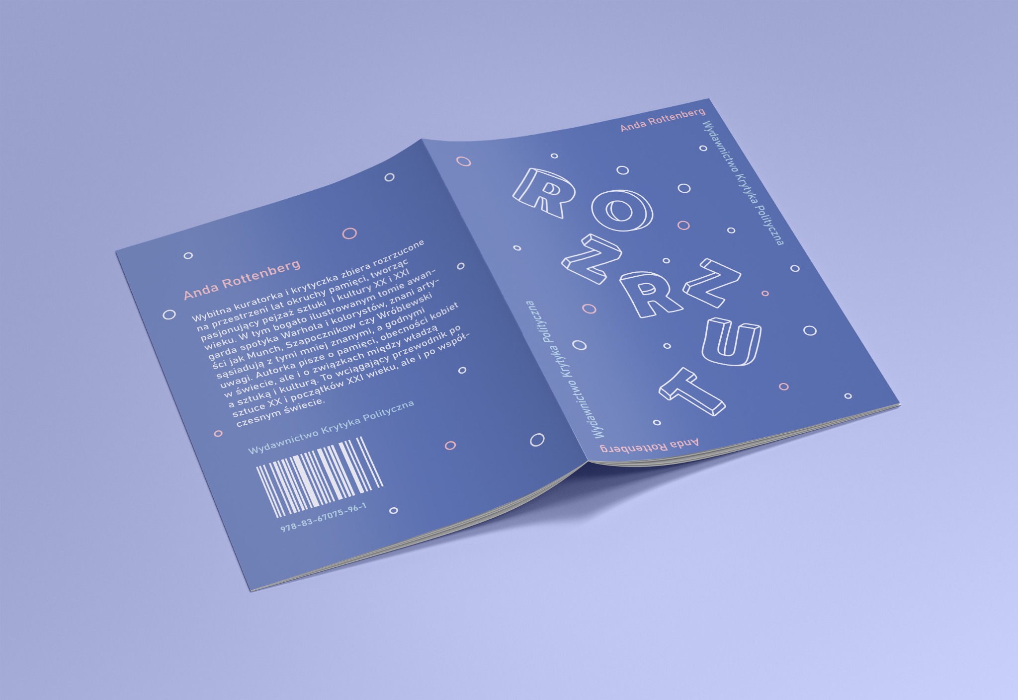 Rozłożona książka z niebieską okładką prezentująca tytuł 'ROZRZUT' i opis autorki Andy Rottenberg oraz wydawnictwa Krytyka Polityczna, z kodem kreskowym widocznym na tylnej okładce.