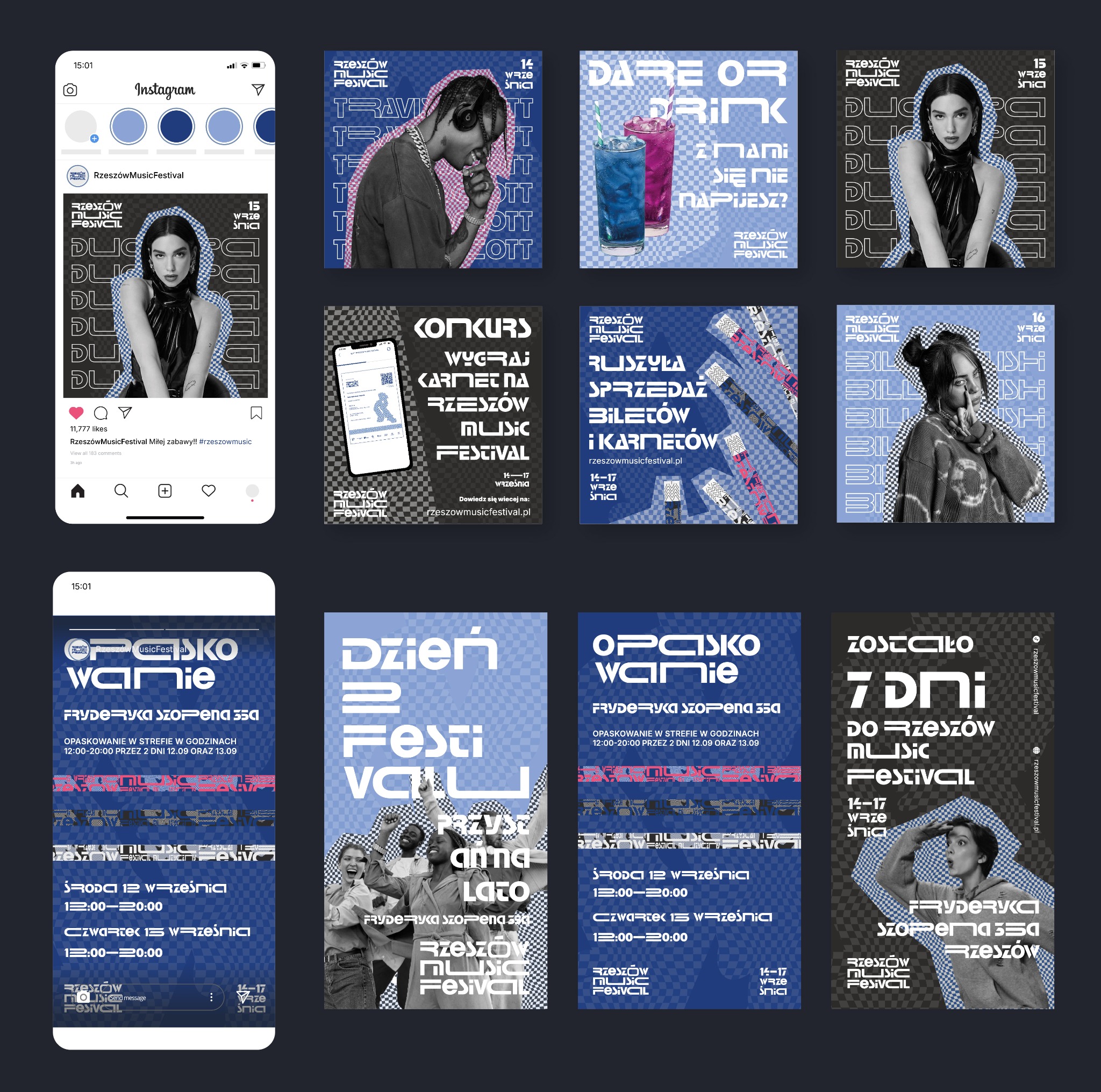 Zrzut ekranu z Instagrama profilu Rzeszów Music Festival, prezentujący serię plakatów i ogłoszeń dotyczących wydarzenia, w tym informacje o artystach, konkursach i sprzedaży biletów.