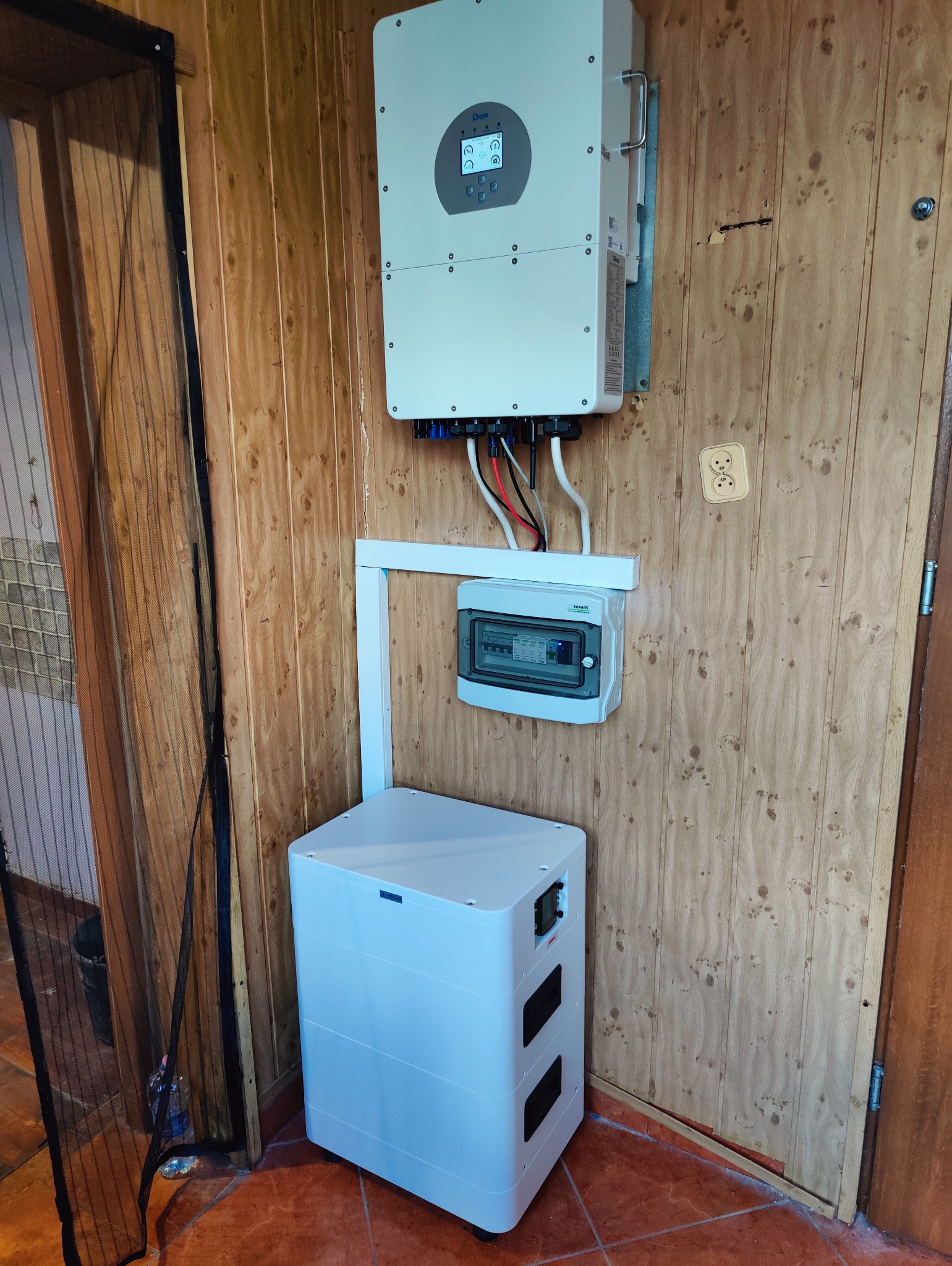 Biały inwerter fotowoltaiczny, rozdzielnica i moduł magazynu energii zamontowane na boazerii wewnątrz pomieszczenia.