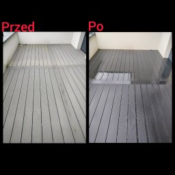 Arri - Balkon z desek kompozytowych, widok przed i po czyszczeniu, po prawej stronie deski mokre i ciemniejsze.