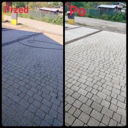 Arri - Porównanie stanu kostki brukowej przed i po czyszczeniu: lewa strona z widocznymi zabrudzeniami i plamami, prawa strona czysta i odświeżona, z widocznym kontrastem na tle otoczenia.